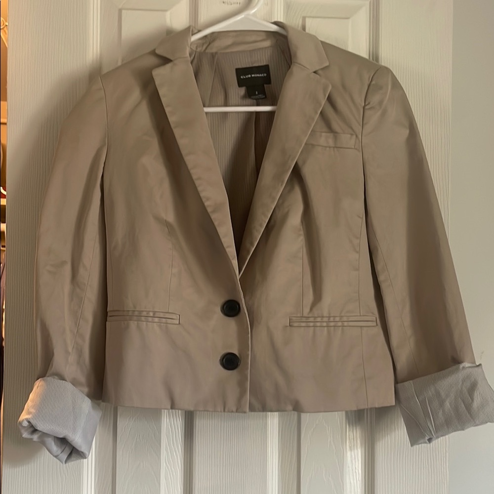 Club Monaco Tan Cropped Blazer with Notched Lapels